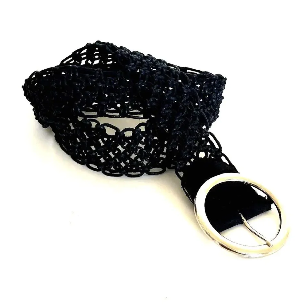 Vintage Womens Woven Belt Size L‎ Black Boho Braided Hippie Peasant Western 90s